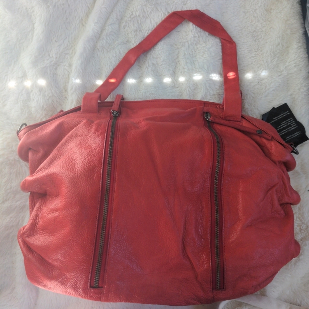 Day And Mood Red Leather Tote Bag